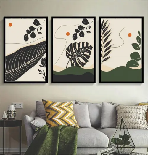 Kit 3 Quadros Decorativos Folhagem Verde Sala Hall Moldura