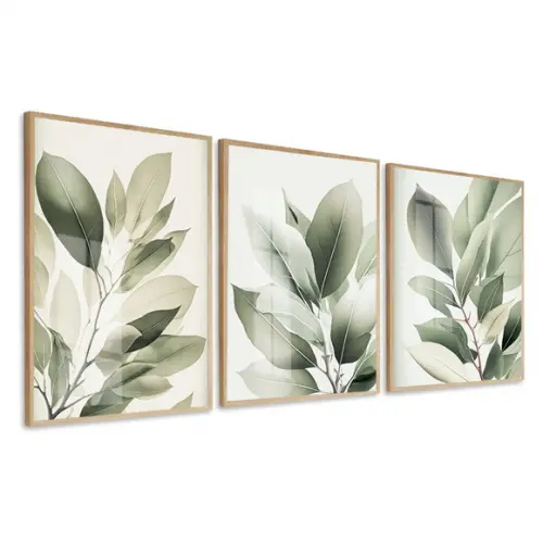Kit 3 Quadros Decorativos Folhagem Verde Vidro e Moldura