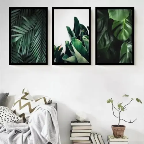 Kit 3 Quadros Decorativos Folhagens Botânico Verde Molduras