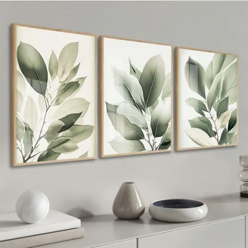 Kit 3 Quadros Decorativos Folhagem Verde Vidro e Moldura