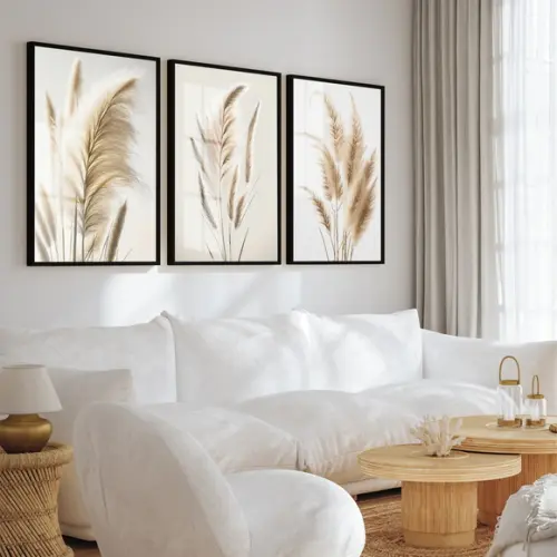 Kit 3 Quadros Decorativos Folhas Bege Boho Moldura e Vidro