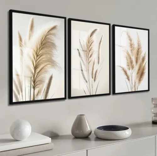 Kit 3 Quadros Decorativos Folhas Bege Boho Moldura e Vidro