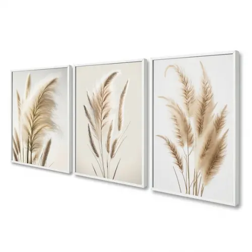 Kit 3 Quadros Decorativos Folhas Bege Quarto Sala Moldura