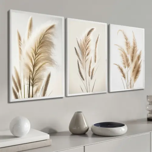 Kit 3 Quadros Decorativos Folhas Bege Quarto Sala Moldura