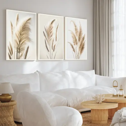 Kit 3 Quadros Decorativos Folhas Bege Quarto Sala Moldura