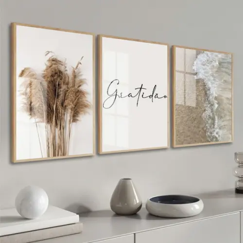 Kit 3 Quadros Decorativos Folhas Boho Gratidão Moldura Vidro