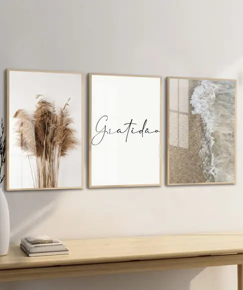 Kit 3 Quadros Decorativos Folhas Boho Gratidão Moldura Vidro