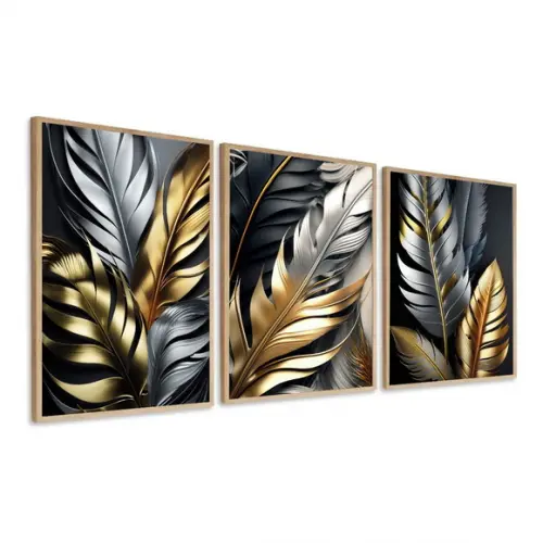 Kit 3 Quadros Decorativos Folhas Douradas Gold Sala Moldura