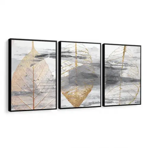 Kit 3 Quadros Decorativos Folhas Douradas para Sala Moldura
