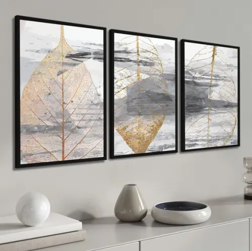 Kit 3 Quadros Decorativos Folhas Douradas para Sala Moldura