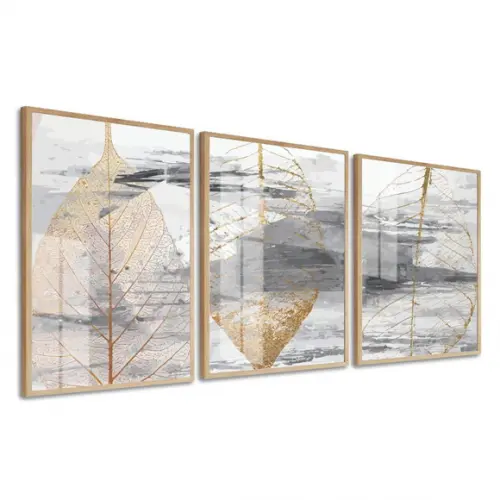 Kit 3 Quadros Decorativos Folhas Douradas Moldura e Vidro