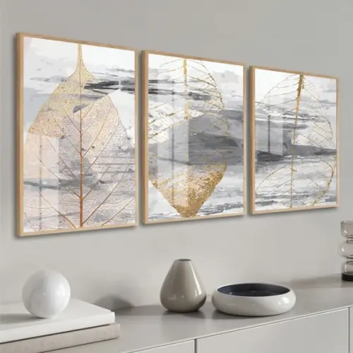 Kit 3 Quadros Decorativos Folhas Douradas Moldura e Vidro