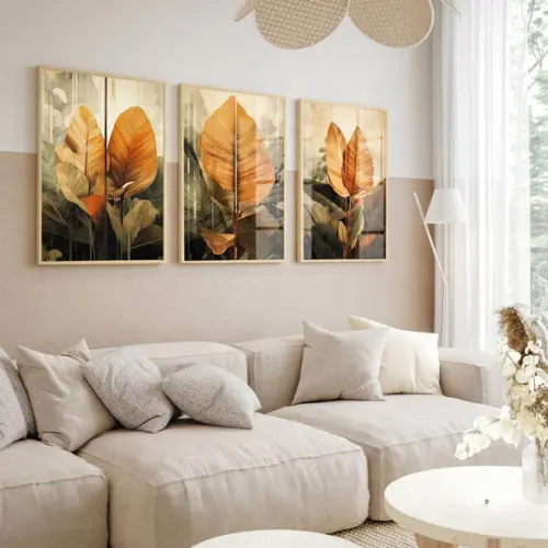 Kit 3 Quadros Decorativos Folhas Moderna com Moldura e Vidro