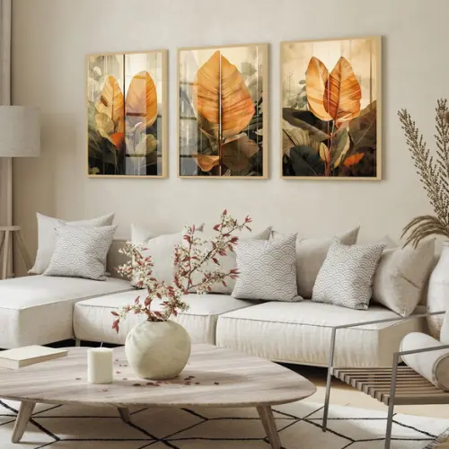 Kit 3 Quadros Decorativos Folhas Moderna com Moldura e Vidro