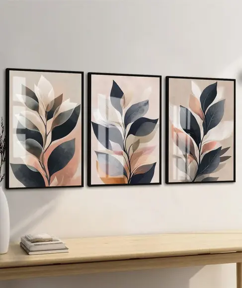 Kit 3 Quadros Decorativos Folhas Modernas com Moldura Vidro