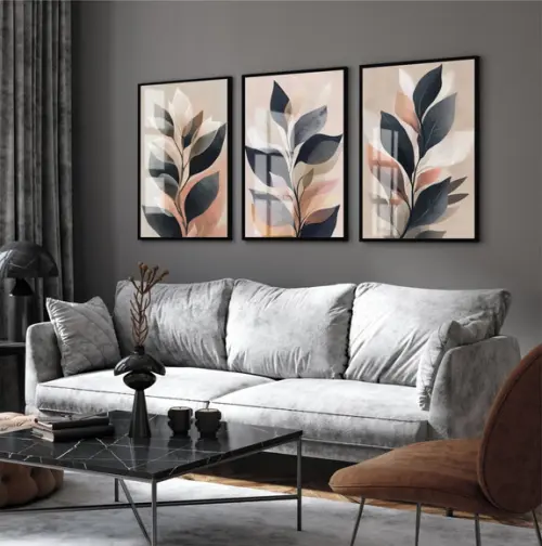 Kit 3 Quadros Decorativos Folhas Modernas com Moldura Vidro