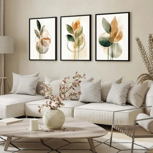 Kit 3 Quadros Decorativos Folhas Modernas Moldura e Vidro