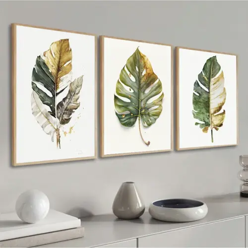 Kit 3 Quadros Decorativos Folhas Verde Costela Adão Moldura