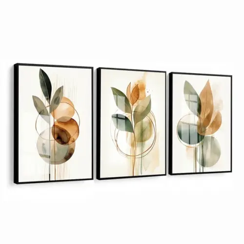 Kit 3 Quadros Decorativos Folhas Modernas Moldura e Vidro