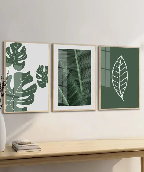 Kit 3 Quadros Decorativos Folhas Verdes com Moldura e Vidro