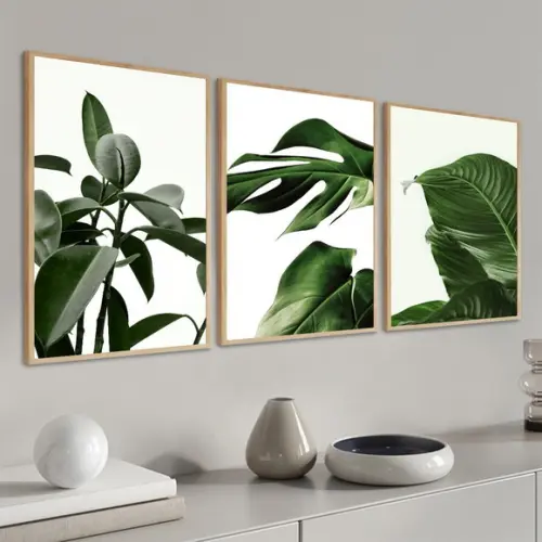 Kit 3 Quadros Decorativos Folhas Verdes Folhagem Com Moldura