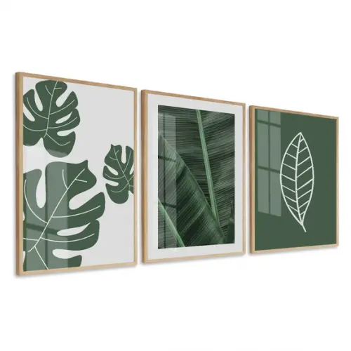 Kit 3 Quadros Decorativos Folhas Verdes com Moldura e Vidro