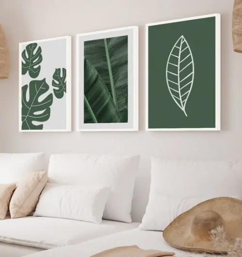 Kit 3 Quadros Decorativos Folhas Verdes Moderno com Moldura