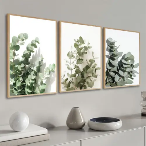 Kit 3 Quadros Decorativos Folhas Verdes Para Sala Moldura