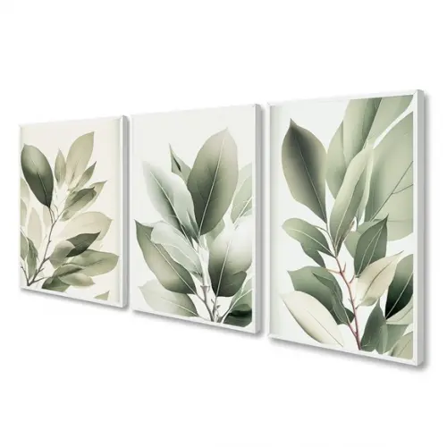 Kit 3 Quadros Decorativos Folhas Verdes Vidro e Moldura