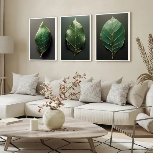 Kit 3 Quadros Decorativos Folhas Verdes Sala Hall Moldura