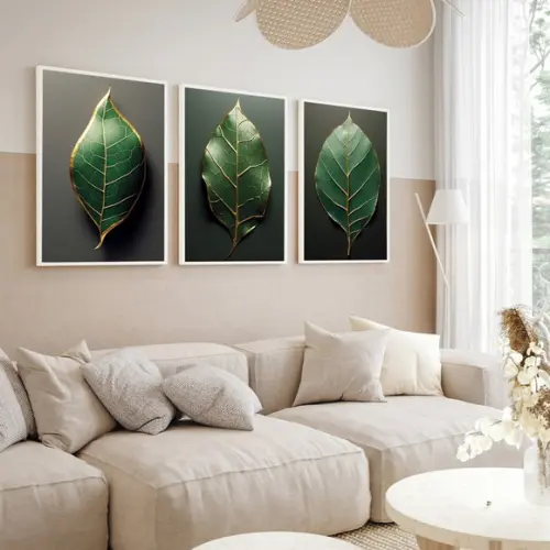 Kit 3 Quadros Decorativos Folhas Verdes Sala Hall Moldura