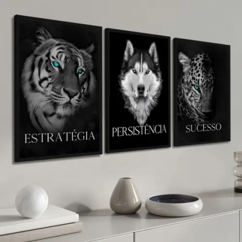 Kit 3 Quadros Decorativos Frase Motivacional Animais Moldura