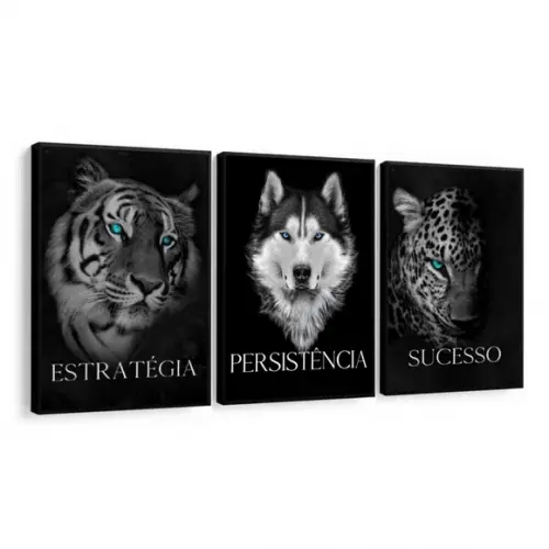 Kit 3 Quadros Decorativos Frase Motivacional Animais Moldura