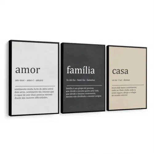 Kit 3 Quadros Decorativos Frases Amor Família Casa Moldura