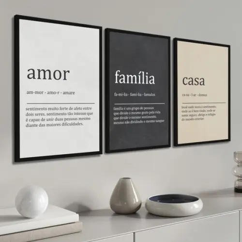 Kit 3 Quadros Decorativos Frases Amor Família Casa Moldura