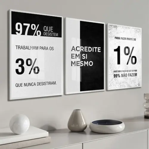 Kit 3 Quadros Decorativos Frases Escritório Moldura e Vidro