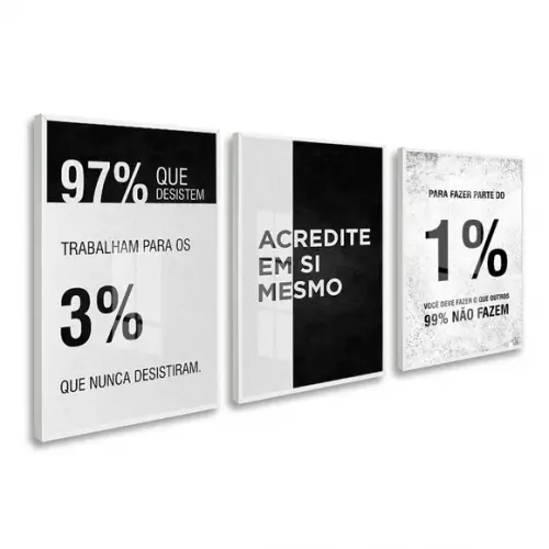 Kit 3 Quadros Decorativos Frases Escritório Moldura e Vidro