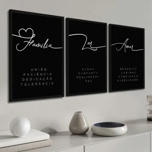 Kit 3 Quadros Decorativos Frases Família Lar Amor Moldura