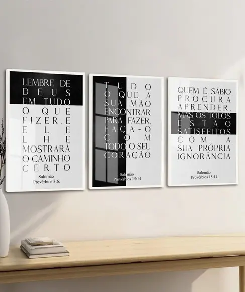 Kit 3 Quadros Decorativos Frases Salomão Motivação com Vidro