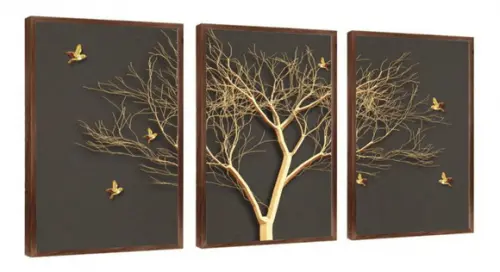 Kit 3 Quadros Decorativos Galhos Dourados Para Sala Moldura