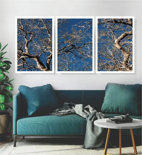 Kit 3 Quadros Decorativos Galhos Paisagem Azul Com Moldura