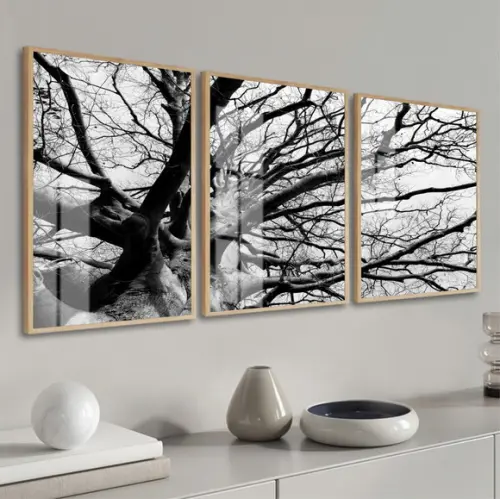 Kit 3 Quadros Decorativos Galhos para Sala com Moldura Vidro