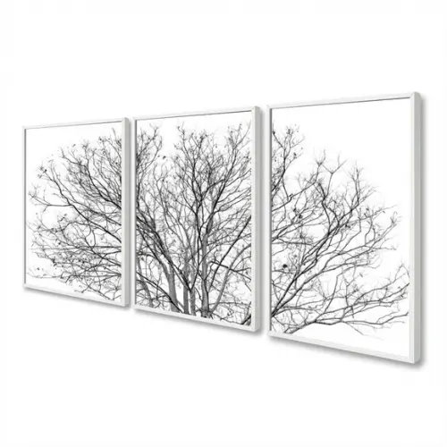 Kit 3 Quadros Decorativos Galhos Preto e Branco com Moldura