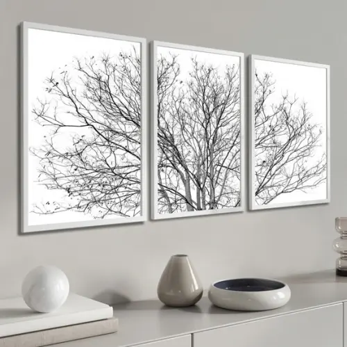 Kit 3 Quadros Decorativos Galhos Preto e Branco com Moldura