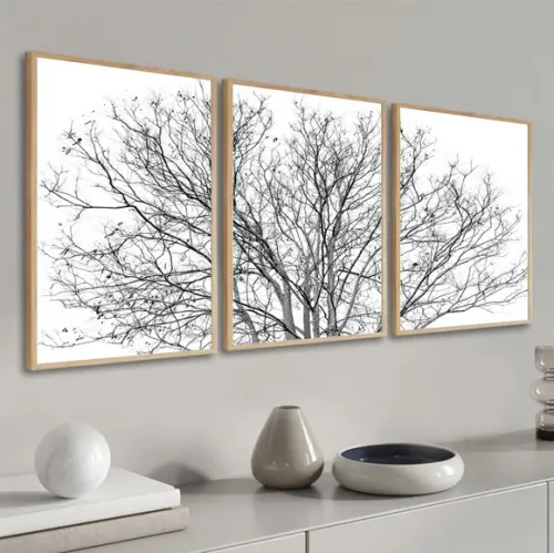 Kit 3 Quadros Decorativos Galhos Preto e Branco Com Moldura