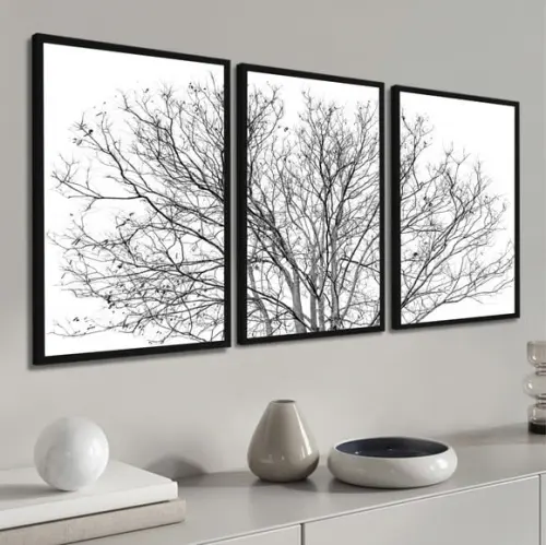 Kit 3 Quadros Decorativos Galhos Preto e Branco Com Moldura