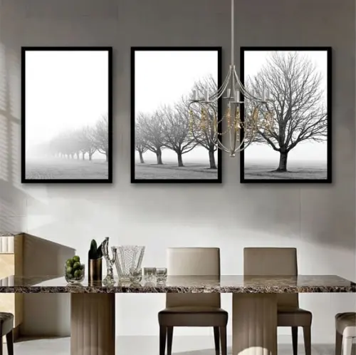 Kit 3 Quadros Decorativos Galhos Preto e Branco Com Moldura
