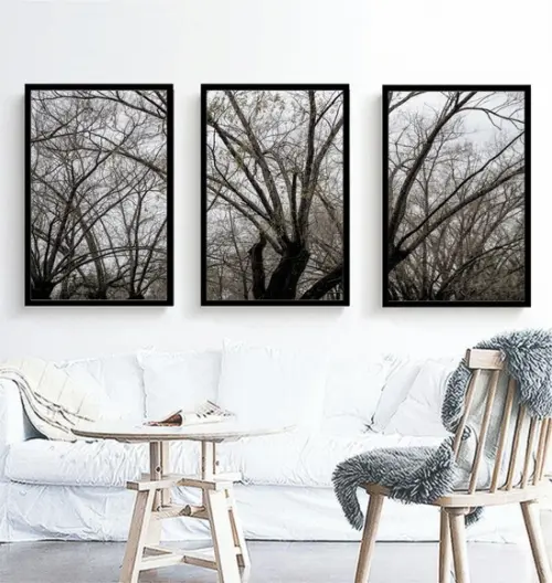 Kit 3 Quadros Decorativos Galhos Preto e Branco Com Moldura