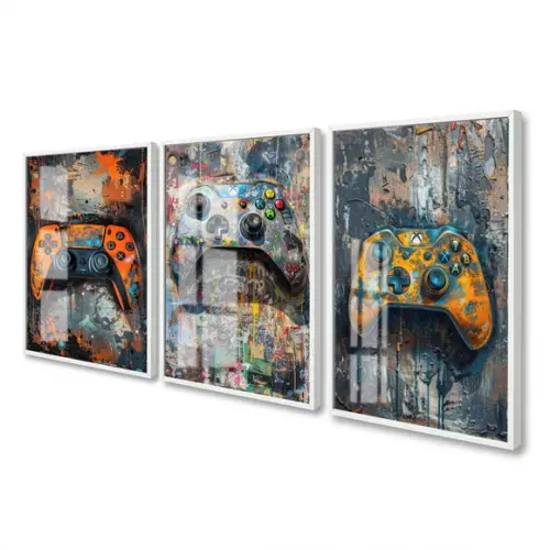 Kit 3 Quadros Decorativos Gamer Manete Controle Geek Vidro