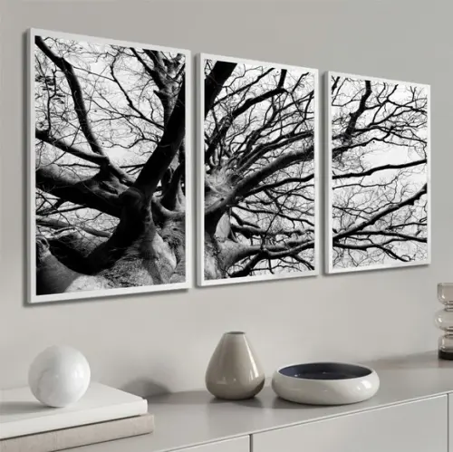 Kit 3 Quadros Decorativos Galhos Preto E Branco Com Moldura